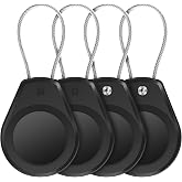 Waterproof AirTag Keychain Holder - (4 Pack) Lock Case with Keyring, Black | Compatible with Apple AirTags, Ultra Durable Air tag Protective Case with Anti-Lost Wire Cable for Luggage, Key, Backpack