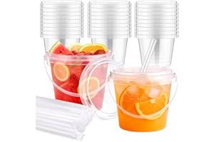 mwellewm 30 Sets Drink Buckets with Lids and Straws, 24 oz Clear Plastic Buckets for Beverages, Bucket Cups for Rum, Milk Tea