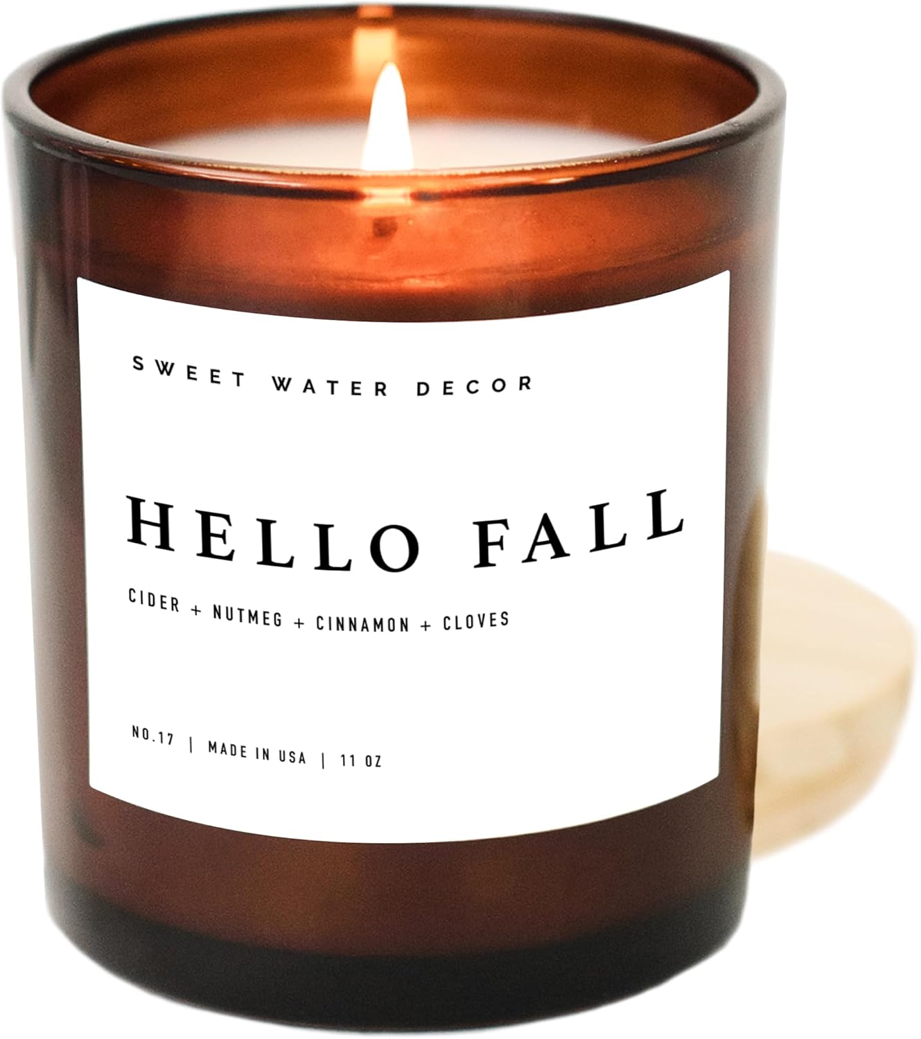 Candles & Holders - Sweet Water Decor Hello Fall Soy Candle No. 17 | Cinnamon, Apples, and Clove Autumn Scented Candles for Home | 11oz Amber Jar with Wood Lid, 50+ Hour Burn Time, Made in the USA