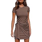 BTFBM Women 2026 Spring Casual Short Sleeve Ruched Bodycon Tank T Shirt Dress Tie Waist Sun Beach Summer Mini Dresses