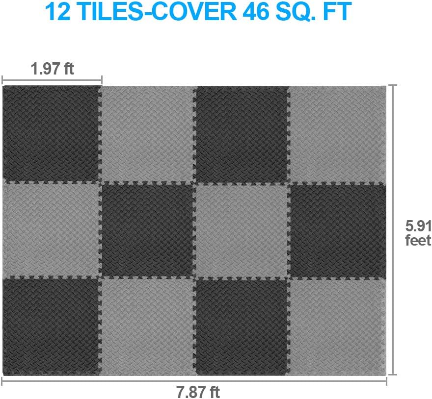 innhom 12 Tiles, 46 SQ. FT Gym Mat Exercise Mat Puzzle Foam Mats Gym Flooring Mat Interlocking Foam Mats with EVA Foam Floor Tiles for Gym Equipment Workout Mat, Black and Gray : Sports & Outdoors