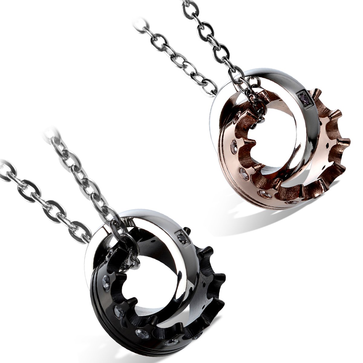 Cupimatch 2Pieces Stainelss Steel Queen King Crown Ring CZ Valentine Pendant Couple Necklace with 18" & 22" Chain … — image 1