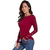 AmélieBoutik Women Boatneck Lace Up Trim Long Sleeve Blouse