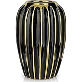 Briful Black Gold Ceramic Vase Home Decor, Ribbed Design, Porcelain Decorative Flower Vase, 9.8'' Tall Floral Vases for Table Desk Wedding Decoration