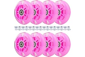 Wheelgoo 8pcs Inline Skate Wheels Led Light-Up Wheels 64/70/72/76/80mm w/Bushings 85-88A for Kids and Youth Beginners Children's Inline Skates Indoor/Outdoor Use (Pink, 80mm)