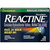 Reactine Regular Strength Antihistamine Tablets - 5mg Cetirizine Hydrochloride - 24 Hour Allergy Relief Medicine - 36 Count M