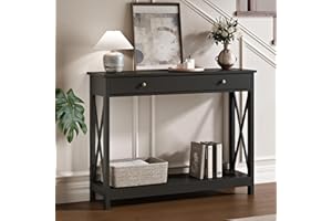 Treocho Black Console Table with Drawer and Storage Shelves, Foyer Sofa Table Narrow for Entryway, Living Room, Hallway