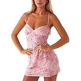 MISSACTIVER Sleeveless Sequin Dress for Women Backless Criss Cross Straps Mini Dress Sexy Sparkle Short Dresses Party Club Pink
