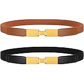 WERFORU 2 Pack Women Skinny Elastic Waist Belt Gold Silver Buckle Stretchy Thin Belt for Jeans Dress 0.98" Width