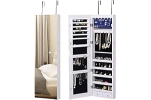 HOMCOM Mirror Jewelry Cabinet Armoire with LED Lights and 2 Keys, Wall Door Mounted Jewelry Organizer, Lockable Full-length M