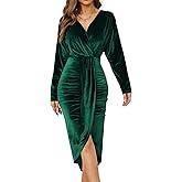 NiPaMi Women's V Neck Long Sleeve Ruched Dress Sexy Velvet Cocktail Party Evening Club Midi Dresses