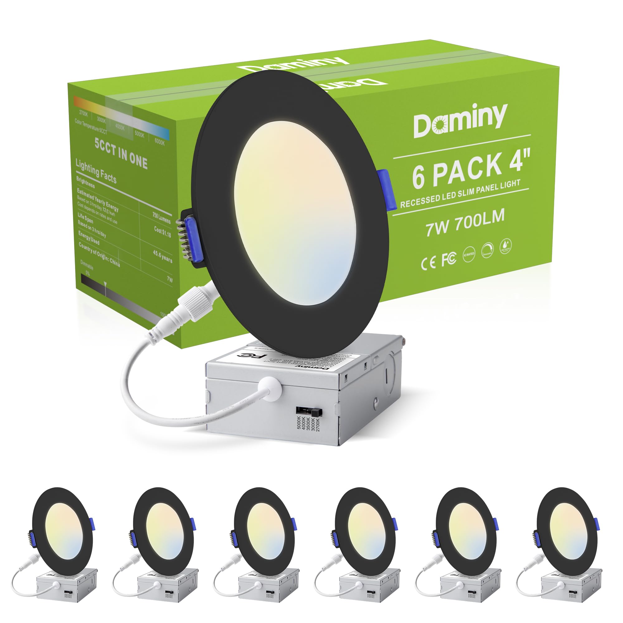 DAMINY 6 Pack 4 Inch Black LED Recessed Lighting with Junction Box,5CCT,Ultra-Thin Recessed Light,7W 700LM, Dimmable Canless Wafer Ceiling Light,High Brightness Image