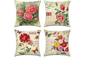 Artscope Set of 4 Decorative Throw Pillow Covers 18x18 Inches, Vintage Flowers Waterproof Cushion Covers, Perfect to Outdoor Patio Garden Living Room Sofa Farmhouse Decor