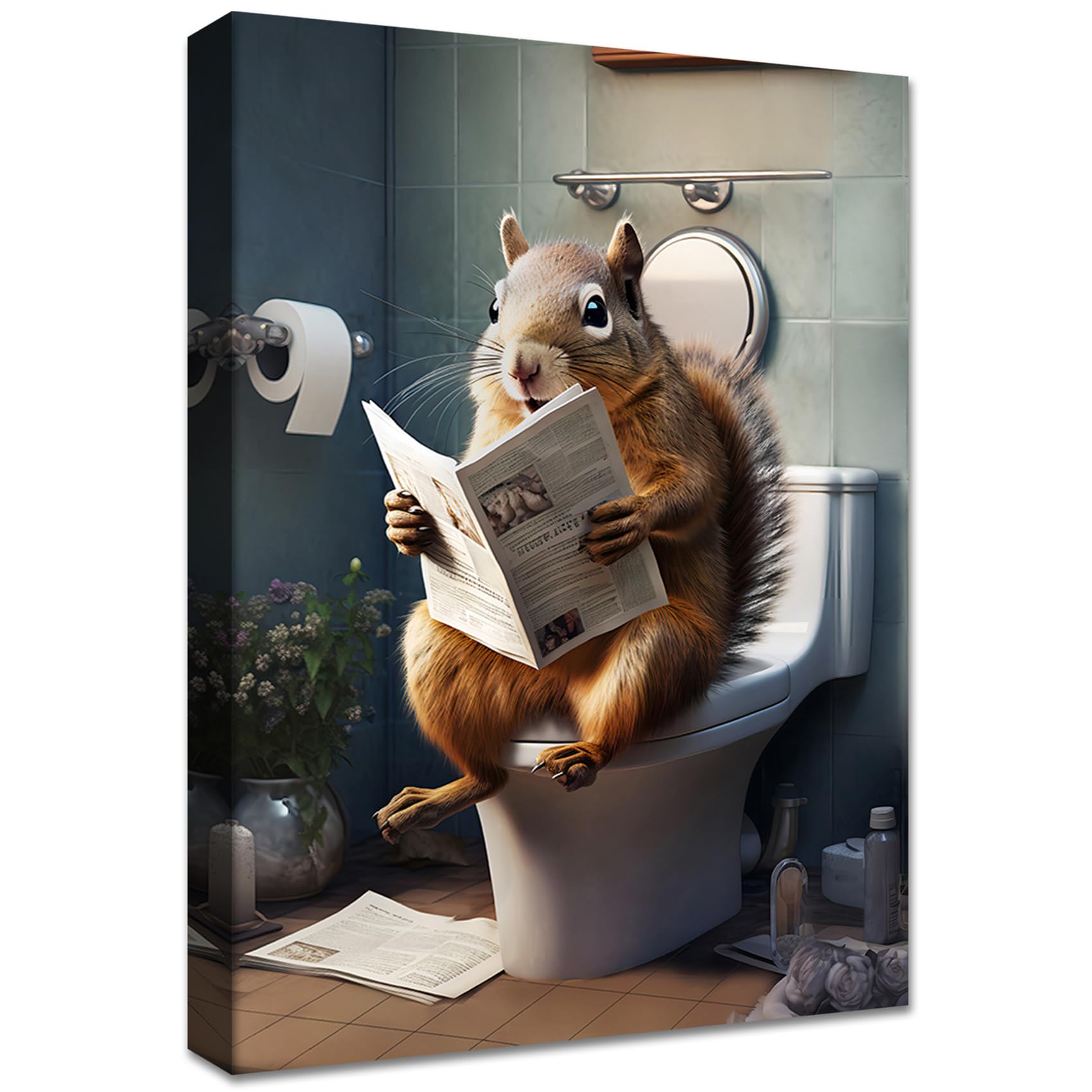 Wooden Framed Bathroom Canvas Wall Art Squirrels on The Toilet Picture Painting Poster Yellow Brown Humor Animals Canvas Prints Living Room Gallery Hallway Corridor Toilet Bathroom Wall Decor 40x60cm — image 1