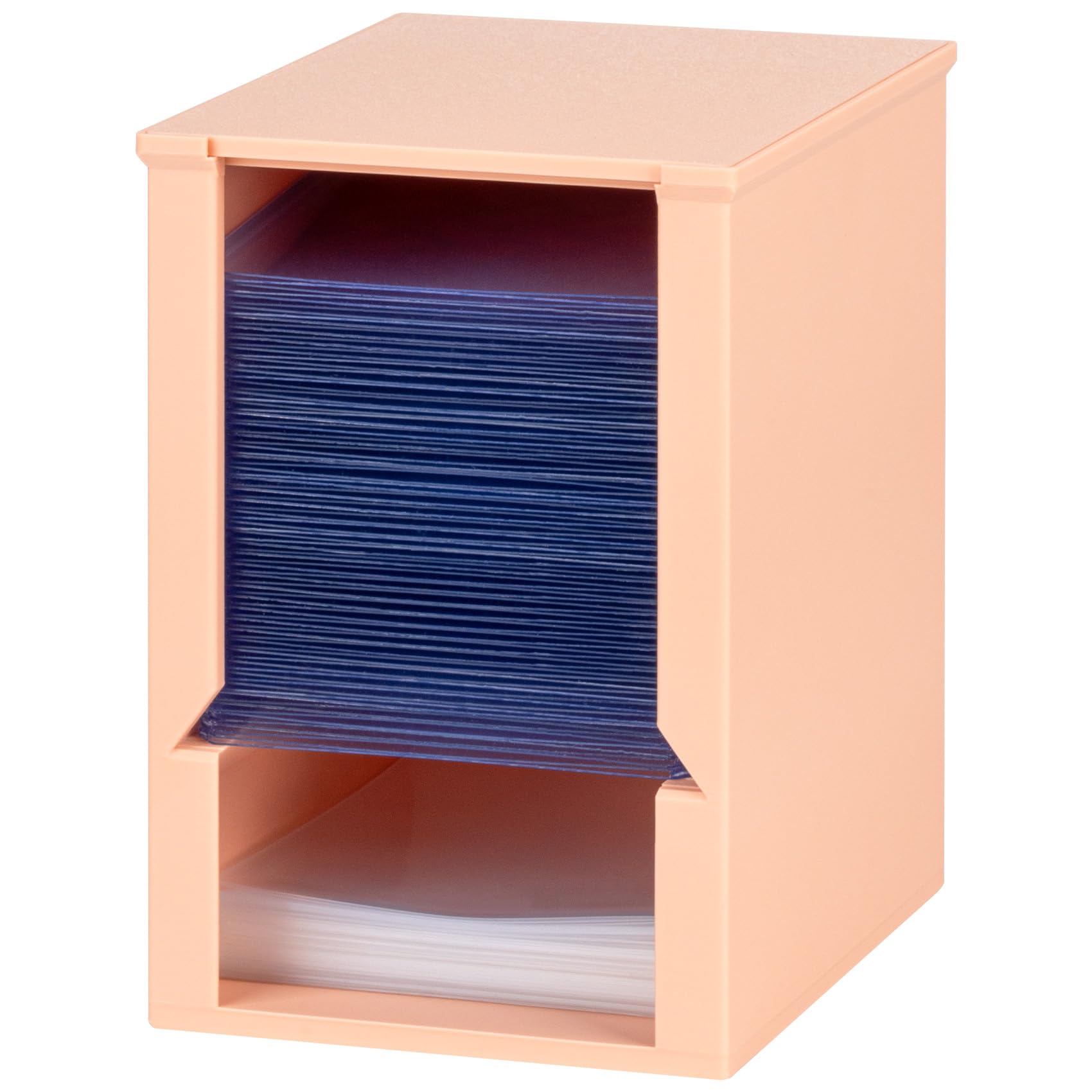 Photo 1 of XSHINOVA Toploader Dispenser & Penny Sleeve Holder - Dual Compartment Holds 250 Penny Sleeves & up to 50 Top Loaders, Stackable Card Storage Box with Dustproof Lid (Blush Beige)