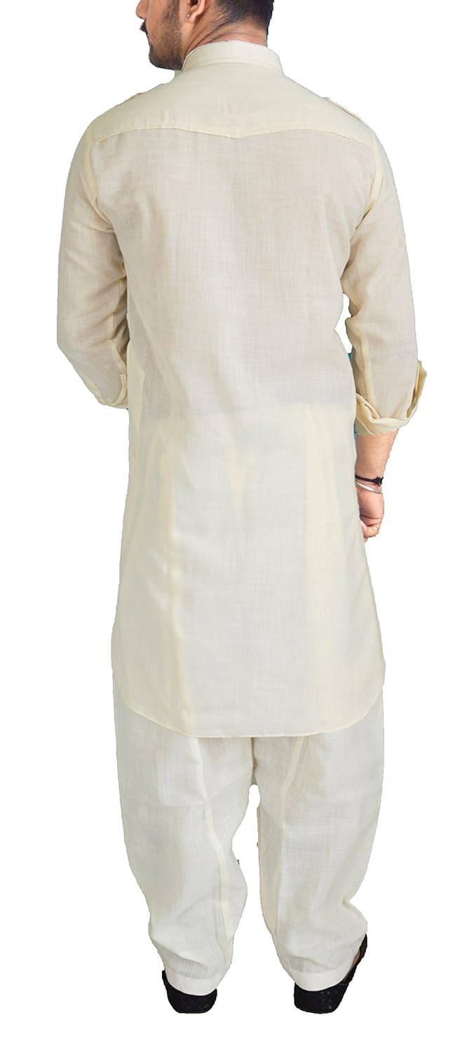 shahi libas men's cotton linen cream pathani kurta salwar