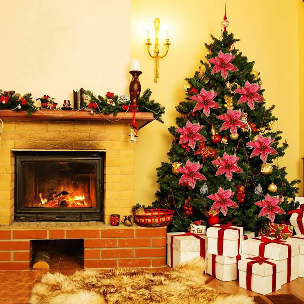 Outgeek Christmas Tree Ornament, 24Pcs 5.91\'\' Glitter Artificial Flowers Christmas Flowers for Wedding Party Christmas Decorations