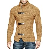 Karlywindow Men's Cable Knitted Oplique Zip Button Front Long Sleeve Cardigan Sweater