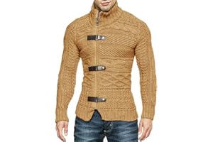 Karlywindow Men's Cable Knitted Oplique Zip Button Front Long Sleeve Cardigan Sweater