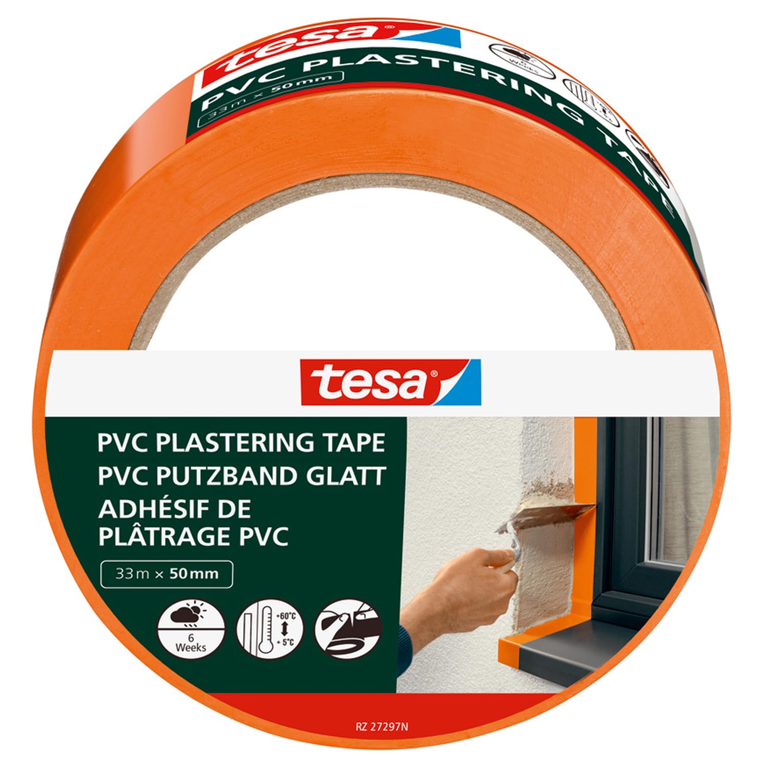 tesa Plastering Tape PVC - Plaster tape with reinforced PVC carrier material - to protect when plastering outdoors - temperature-resistant, tearable by hand - orange - 33 m x 50 mm