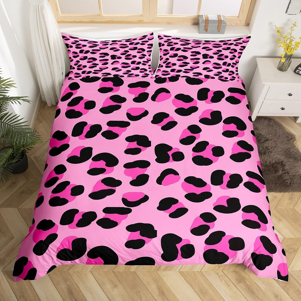 Homewish Leopard Print Bedding Duvet Cover Set King Size For Kid Teen Adult Cheetah Leopard Decotive 3 Piece Comforter Cover Set And 2 Pillow Sham Africa Animal Theme Pink Black