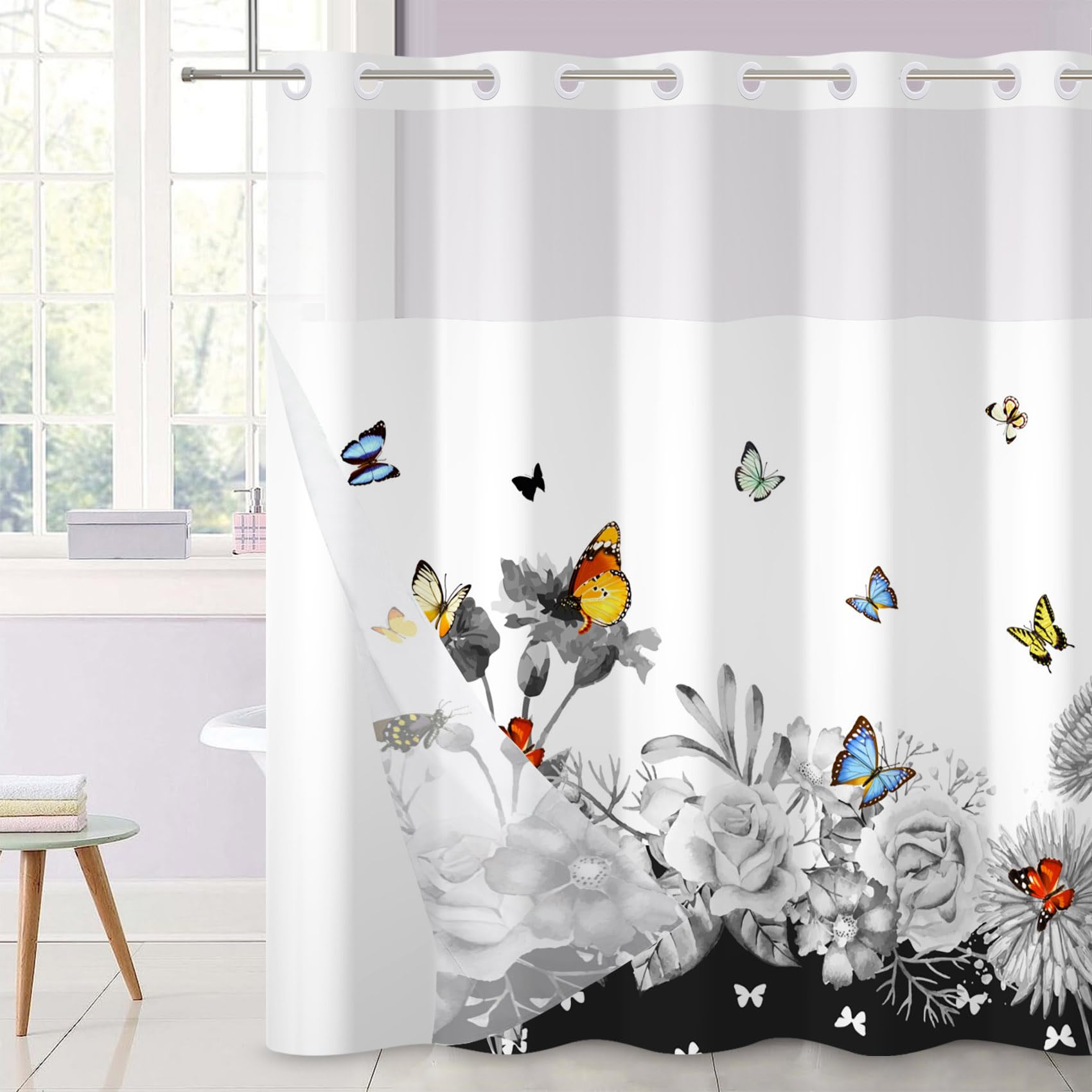 Ttincceer Flower Shower Curtain No Hook, Black White Floral Bathroom Curtain with Snap in Liner Watercolor Butterfly Double Layer Shower Curtain Waterproof Bathtub Curtain 180x188cm — image 1
