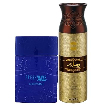 Maryaj Fresh Wave Eau De Parfum Citrus Woody Perfume 100ml for Men and Ajmal Wisal Dhahab Deodorant Fruity Floral Fragrance 200ml for Men + 2 Parfum Testers FREE