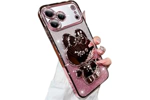 Aulzaju for iPhone 17 Pro Max Case for Women Girls Hidden Rabbit Mirror Kickstand Design,Luxury Plating Soft TPU with Bling Glitter Layer,Cute Girly Phone Case for iPhone 17 Pro Max Pink