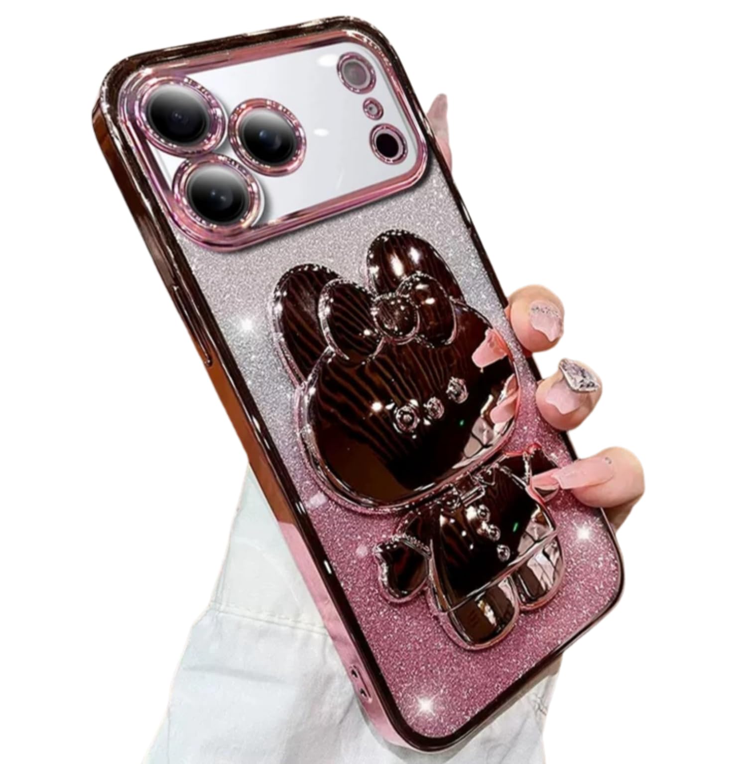 Aulzaju for iPhone 17 Pro Case for Women Girls Hidden Rabbit Mirror Kickstand Design,Luxury Plating Soft TPU with Bling Glitter Layer,Cute Girly Phone Case for iPhone 17 Pro Pink