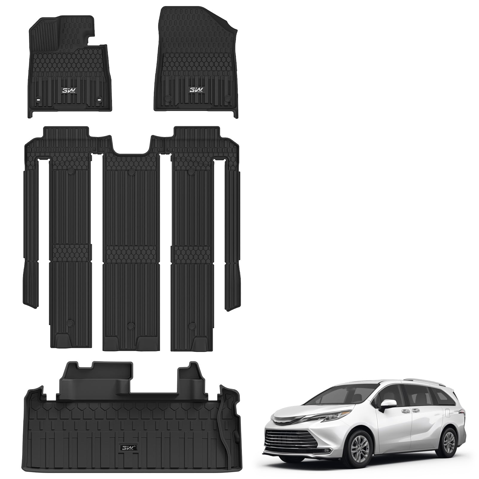 Photo 1 of 3W Floor Mats&Cargo Liner for Toyota Sienna 2021-2026 (for 7 Seat XLE/XSE/Limited/Edition & Not Fit 2025 Platinum) TPE Custom Fit Floor Liner for Sienna Full Set and Trunk Mat(w/o Spare tire)