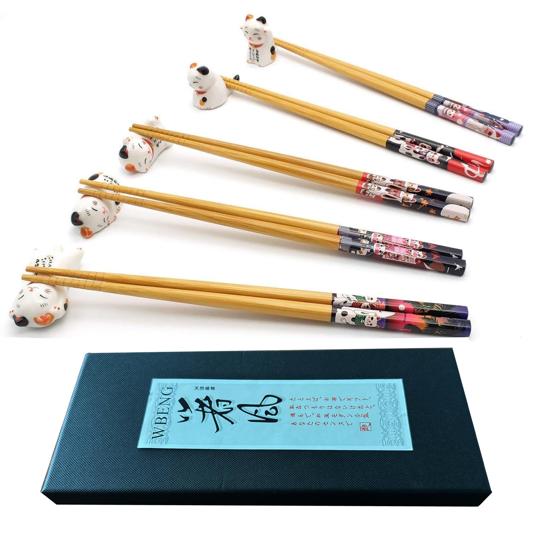 5 Pairs Chopsticks and Chopstick Rest Set, Cute Lucky Cat Chopsticks Holder 5 Cats, Classic Japanese Style Bamboo Natural Reusable Chopsticks, Dishwasher - Safe (Cute cat)