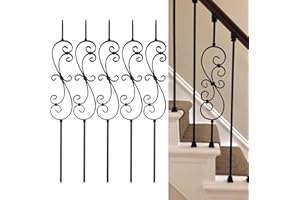 DEVALLEY Wrought Iron Balusters (Set of 5),S-Scroll Flower Hollow Stair Spindles,Decorative Metal Balusters Spindles for Decks,1/2 inch Stair Railing,Satin Black Metal Railing - D01…