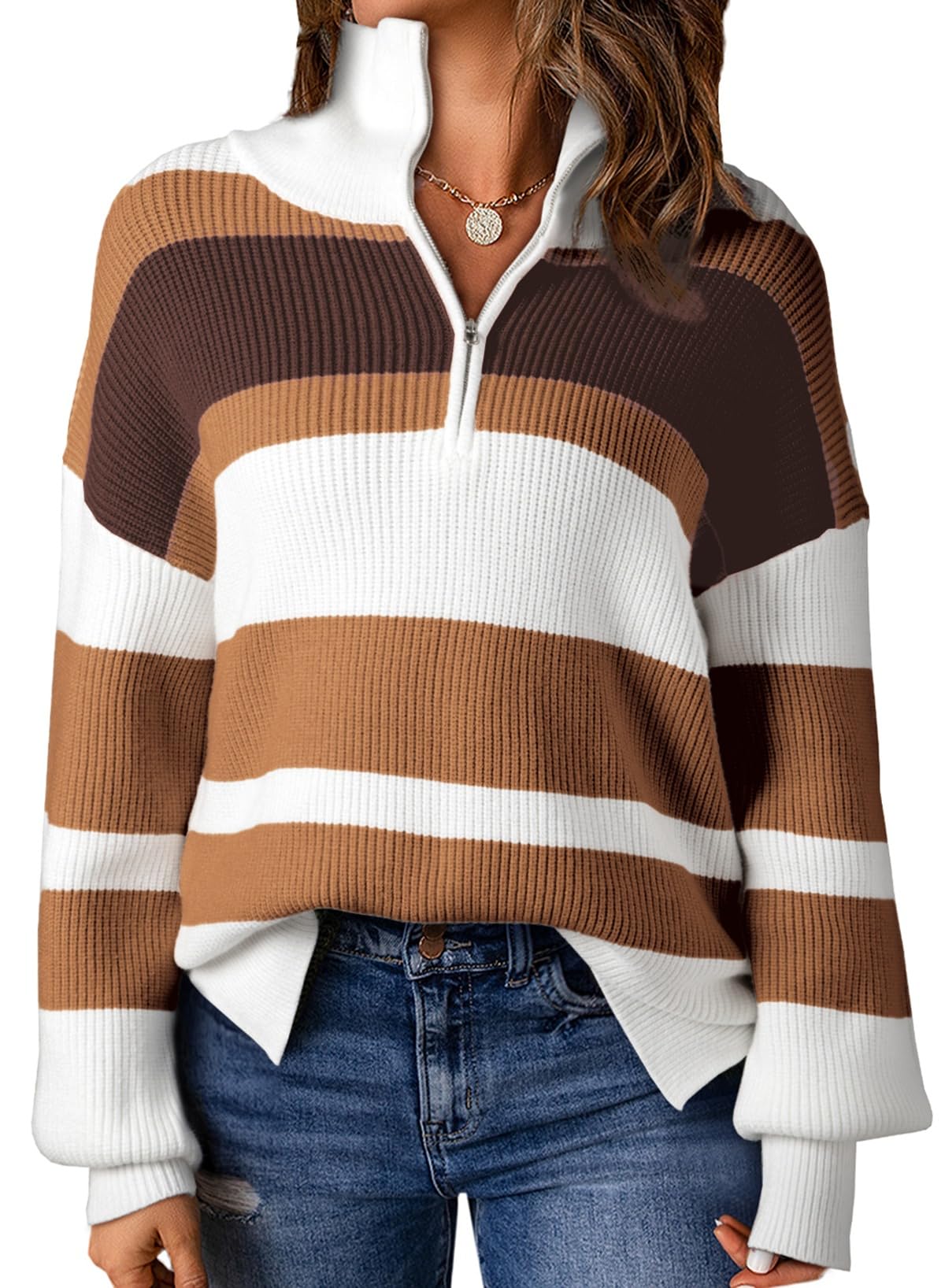 Photo 1 of EVALESS Sweaters for Women Plus Size Striped Colorblock Long Sleeve Off Shoulder Pullover Tops Oversized Half Zip V Neck Sweater Brown XX-Large
