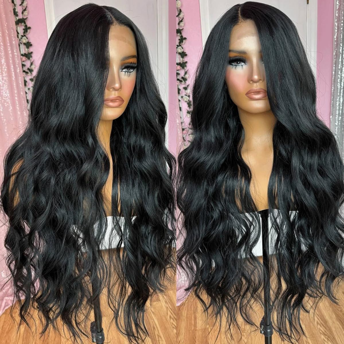 Photo 1 of Seykiki Black Wigs for Women Synthetic Lace Front Wig Pre Plucked With Baby Hair 26 Inch Long Wavy Middle Part Wig 13x4x1 Glueless Wig Ready to Wear