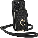 ZVE for iPhone 15 Pro Max Wallet Case for Women, Crossbody Wrist Strap Protective Leather Lanyard with Ring Holder Flip Cover 6.7 Inch-Black
