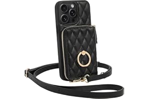 ZVE for iPhone 15 Pro Max Wallet Case for Women, Crossbody Wrist Strap Protective Leather Lanyard with Ring Holder Flip Cover 6.7 Inch-Black