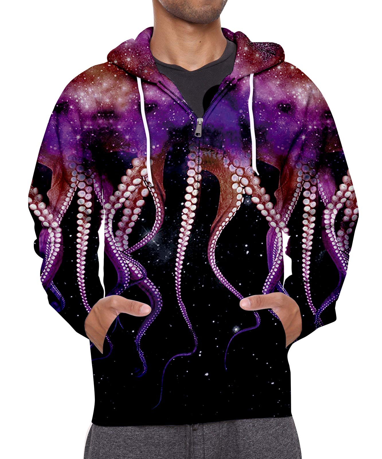 Men¡¯s 3D Digital Printing Hooded with Purple Design Athletic Sweaters Full-Zip Pullover with Pocket M