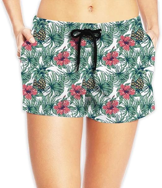 Women's Beach Shorts Tropical Flowers,Plants and Pineapple Pattern