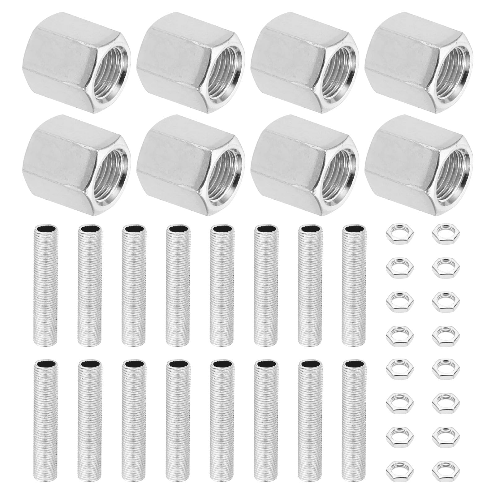 PATIKIL M10 Fine Thread Lamp Pipe Repair Parts Kits, 8Pcs M10×15 Metal Hexagon Closed Coupling Nut with Threaded Pipe and Hex Nut for Light Extension Rod
