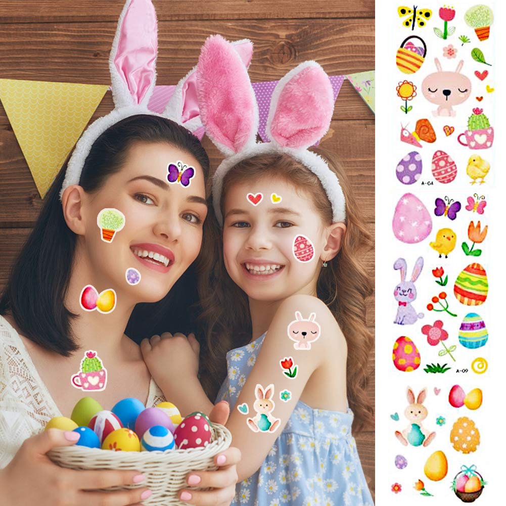 Koogel 141pcs Easter Tattoos, Easter Party Temporary Tattoos for Kids Bunny Egg Tattoos Easter Party Supplies Gifts