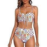 Herseas Women's Floral Print Bikini Sets Lace Up Front 2 Piece High Wasited Swimsuits Ruched Ruffle Trim Bathing Suit