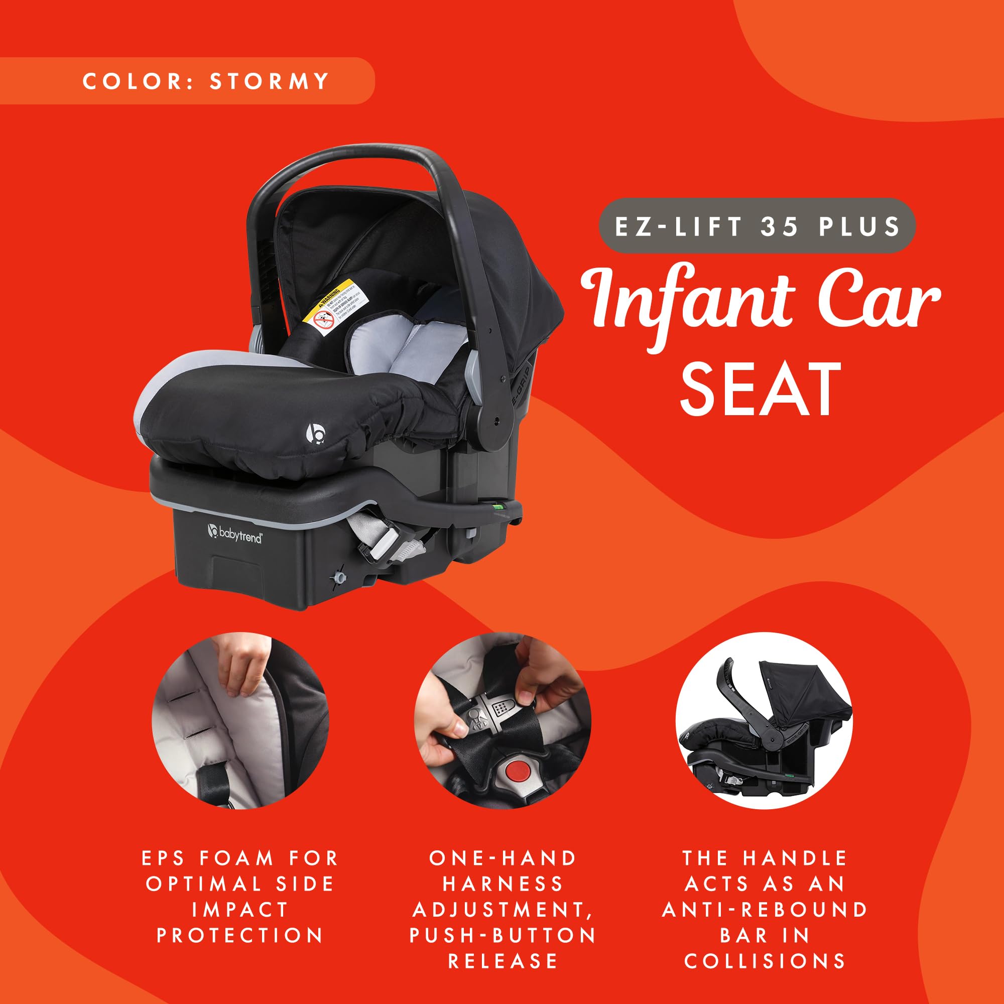 Baby Trend EZ Lift 35 Plus Ergonomic Lightweight Rear Facing Infant Car Seat with Multi Position Base and Cozy Cover, Stormy Gray/Black