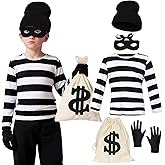 greitenty Kids Robber Costume Set Kids Thief Accessories with Black White Striped Shirt Cap Eye Mask for Halloween Masquerade