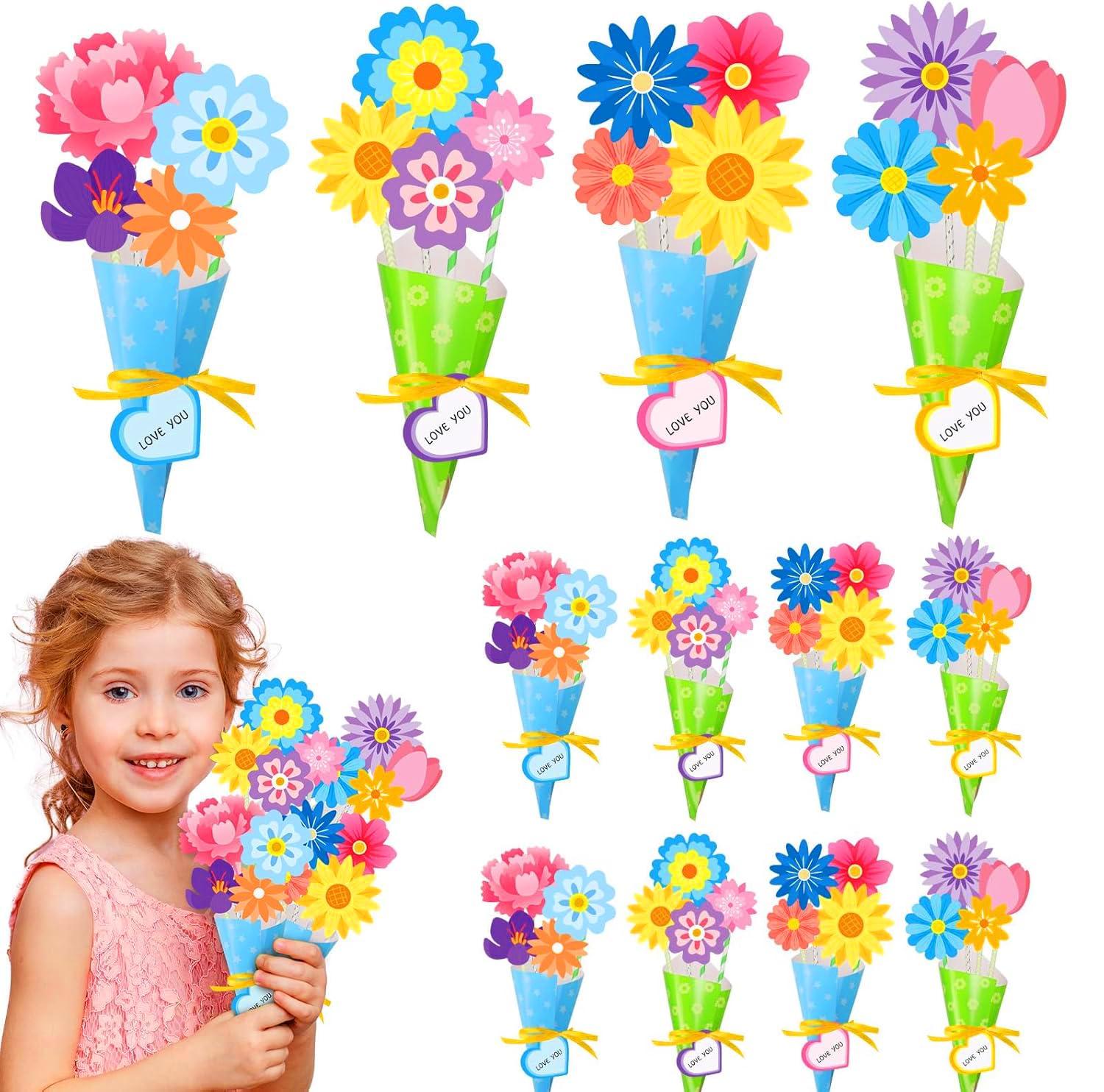 FAMINESS Mother's Day Craft Kit for Kids 12Pack DIY Flower Bouquet Set Birthday Gifts for Mum Teachers Boys Girls School Classroom Craft Supplies