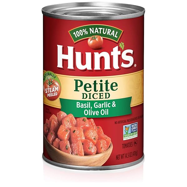 HUNT’S PETITE DICED TOMATOES GARLIC & OLIVE OIL, 14.5 OZ
