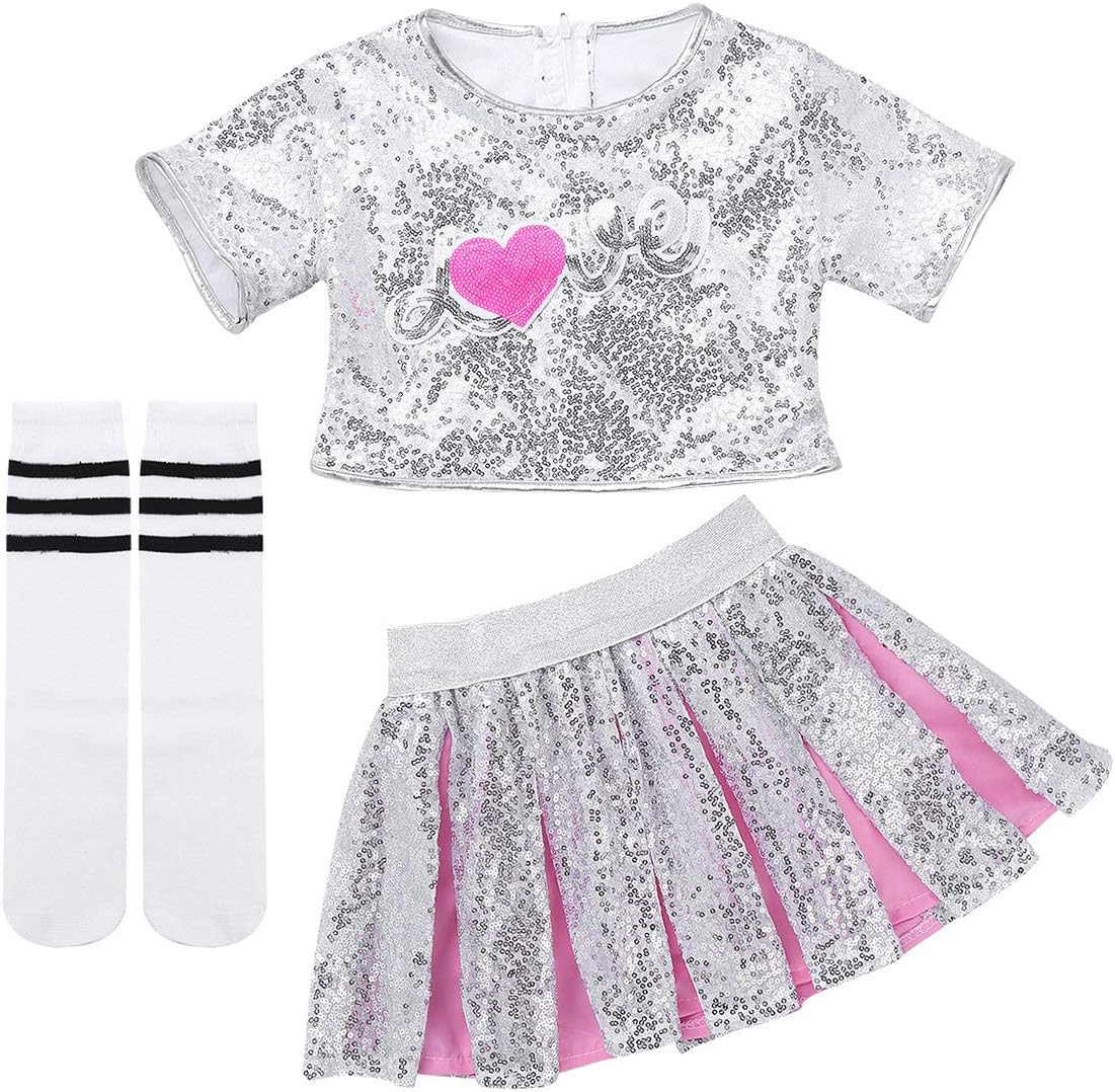 vastwitKids Girls' 3Pcs Sequined Crop Tank Top Shorts Skirt with Socks Outfit Set for Cheerleading Dance