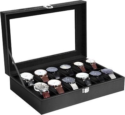 Uten Watch Box 12 Slots Display Case with Glass Lid Black Leather