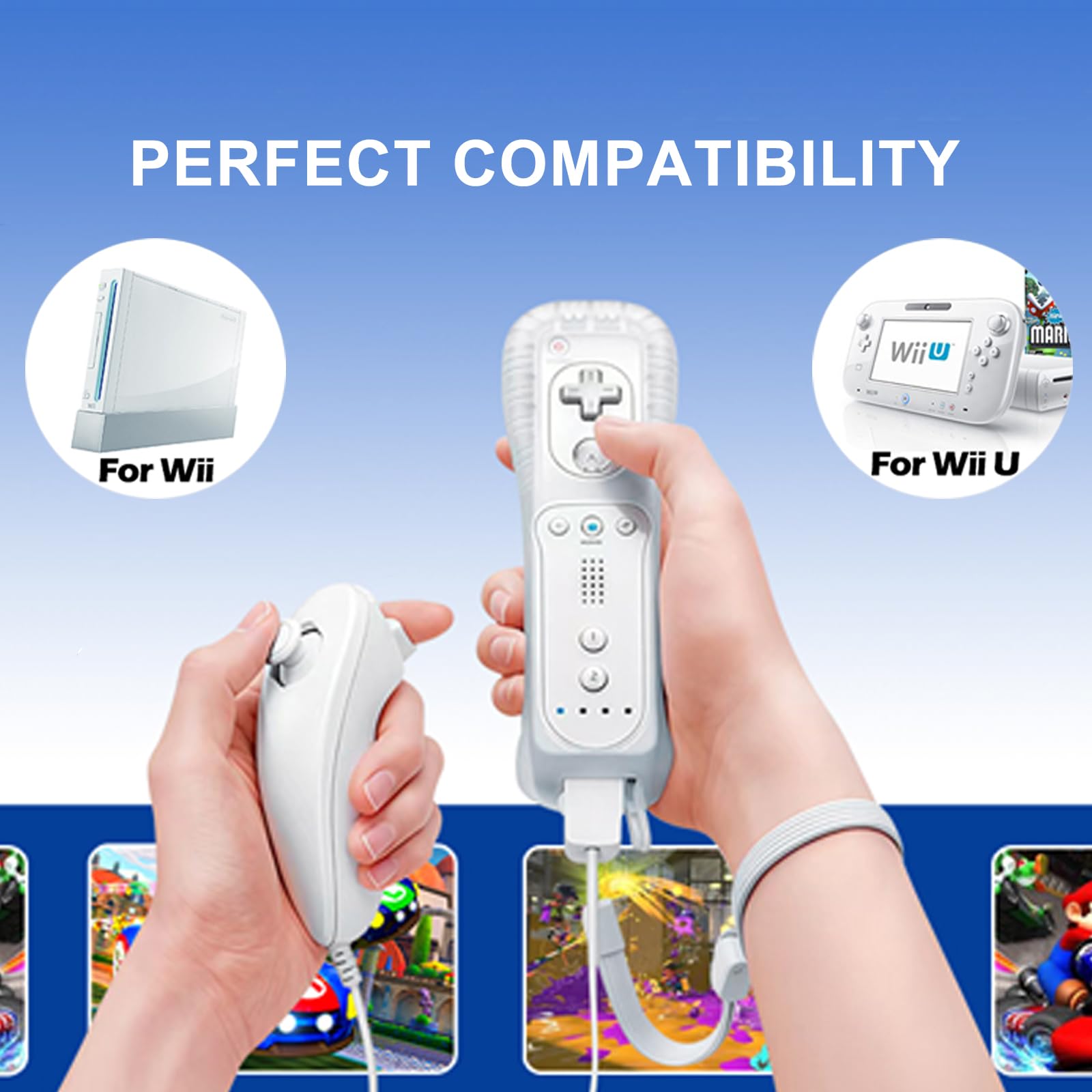 FIOTOK Wii Remote with Nunchuck,Wii Controller with Nunchuck Compatible with Nintendo Wii/Wii U with Silicone Case and Wrist Strap, White