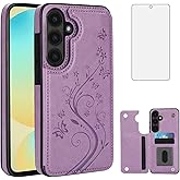Asuwish Phone Case for Samsung Galaxy S24 FE 5G with Tempered Glass Screen Protector and Card Holder Wallet Cover Stand Flip Leather Cell Accessories S 24 EF S24FE 24S Cases Women Girls Purple