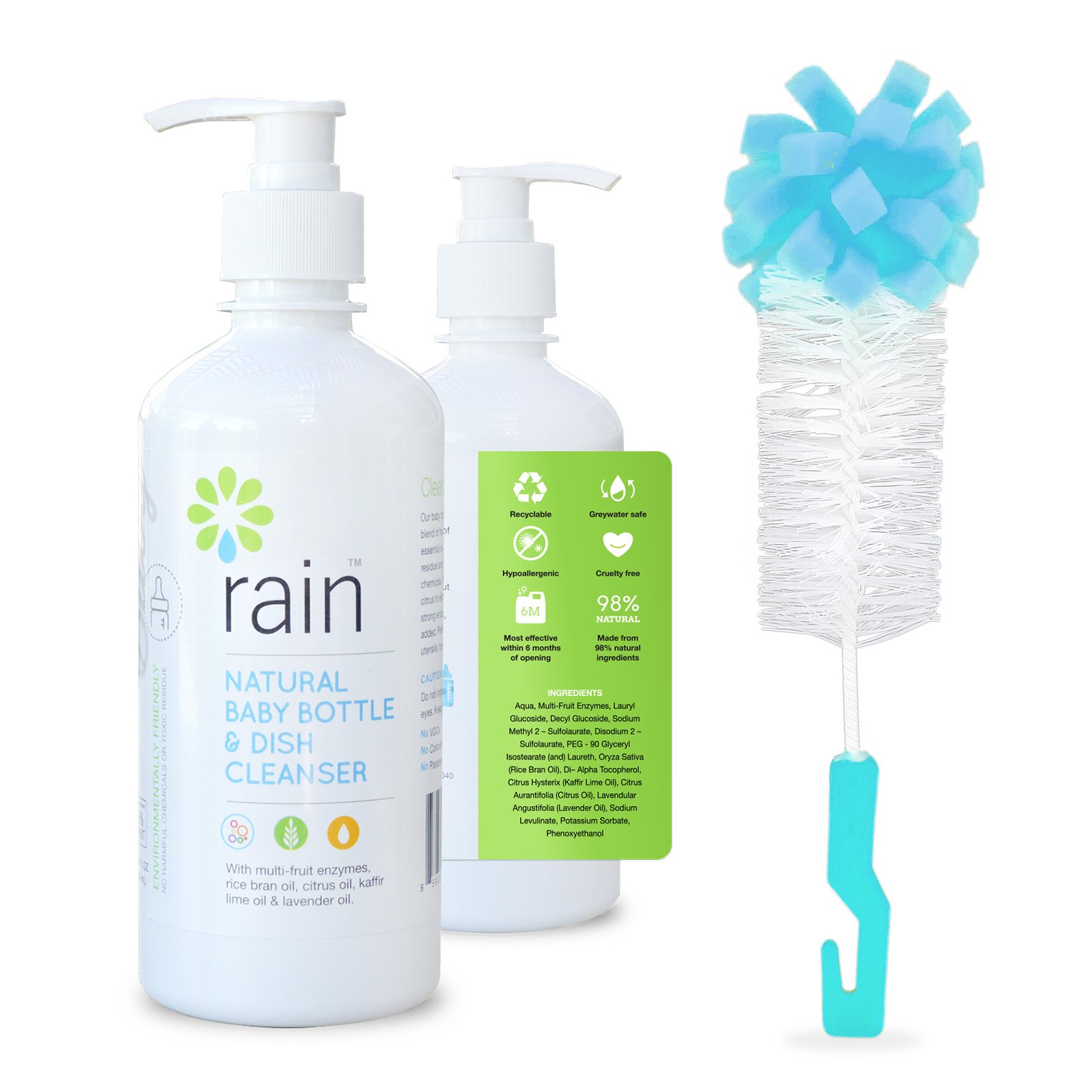 Baby Bottle Dish Soap Cleaner - Rain Natural Biodegradable Liquid Foaming Dishwashing Detergent, Plant-Based Formula, Hypoallergenic, 13.5 oz (Without Cleaning Brush)